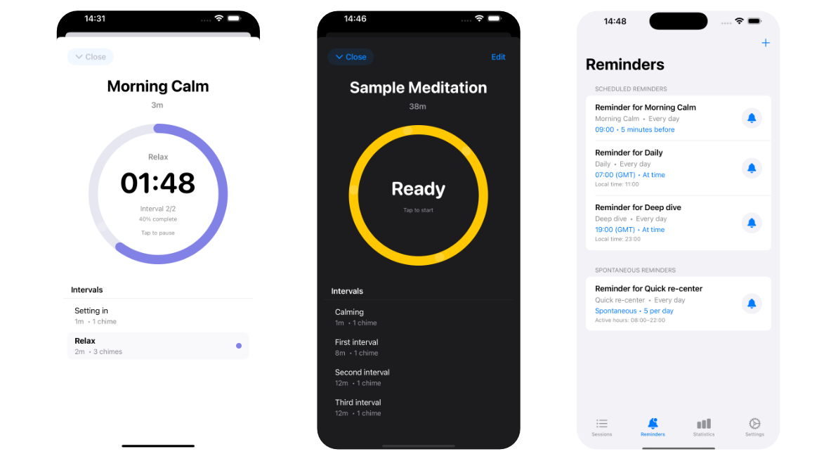 Stillness Timer app interface